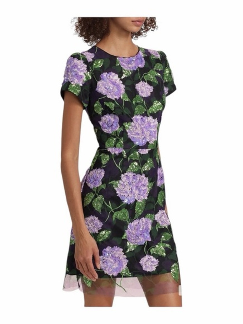 EUC Milly Black Floral Short Sleeve Sequins Dress with Lavender Blooms size 10